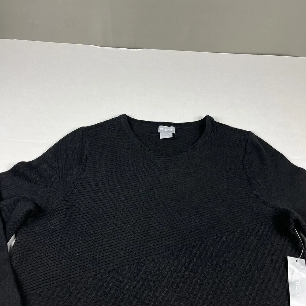 Chicos Tunic Sweater Black Asymmetric Warm Cozy Ribbed Knit Pullover 0 SMALL NEW